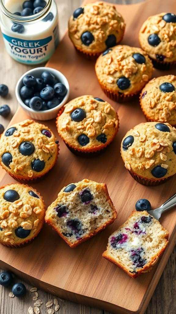 Golden brown blueberry yogurt oat muffins on a wooden board with fresh blueberries and Greek yogurt.